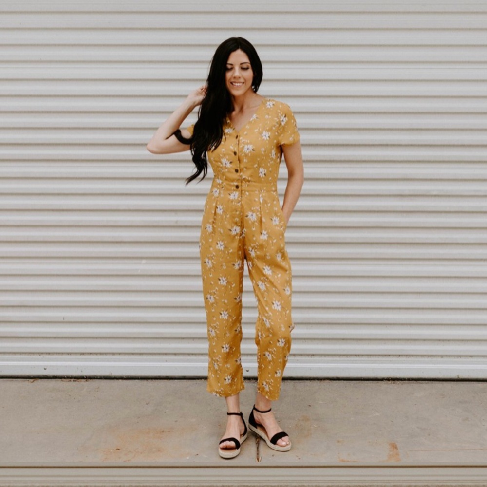 Mustard Floral Button Up Jumpsuit